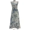 Blue and white tie-dyed cool silk linen dress for women's wear, floral style long dress Item Picture
